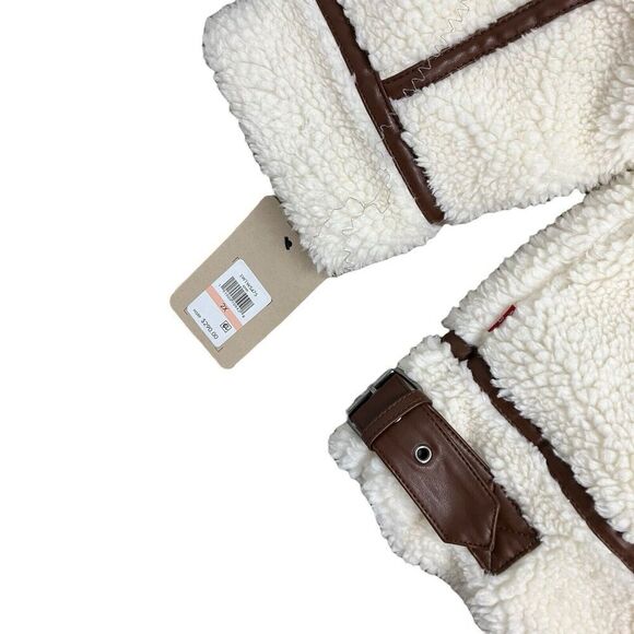 Levis Jacket WMNS 2X Cream Faux Sherpa Full Zip Brown Teddy Moto High Neck Cozy - Picture 11 of 15